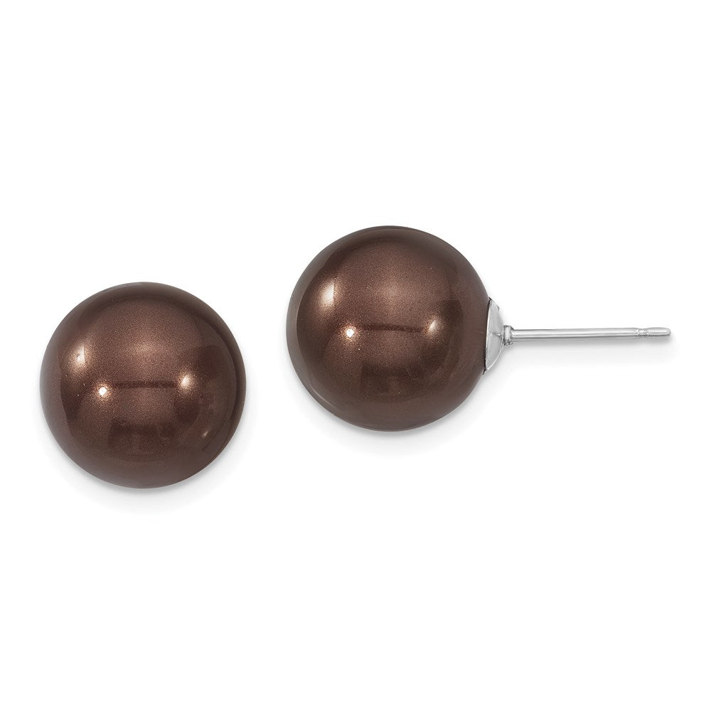 Sterling Silver Majestik Rhodium-Plated 12-13mm Brown Imitation Shell Pearl Stud Earrings