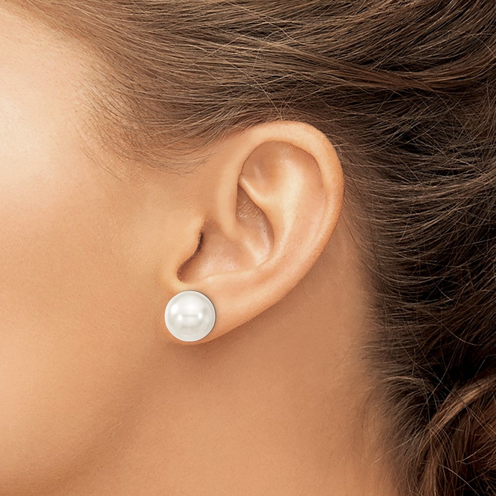 Sterling Silver Majestic Rhodium-Plated 12-13mm White Imitation Shell Pearl Stud Earrings