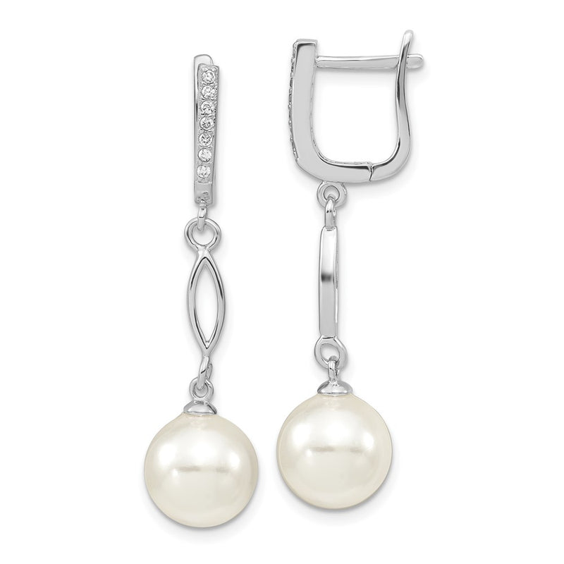 Sterling Silver Majestik Rhodium-Plated Cz Hinged Hoop With 10-11mm White Imitation Shell Pearl Dangle Post Earrings