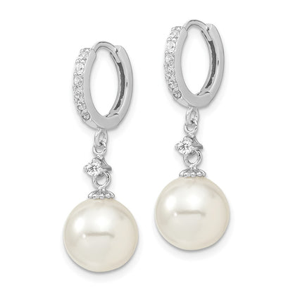 Sterling Silver Majestic Rhodium-Plated 10-11mm White Imitation Shell Pearl Cz Hinged Hoop Dangle Earrings