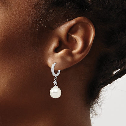 Sterling Silver Majestic Rhodium-Plated 10-11mm White Imitation Shell Pearl Cz Hinged Hoop Dangle Earrings