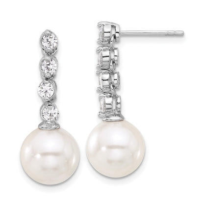Sterling S Majestik Rh-Pl 10-11mm Wht Imit Shell Pearl/cz Dangle Earrings