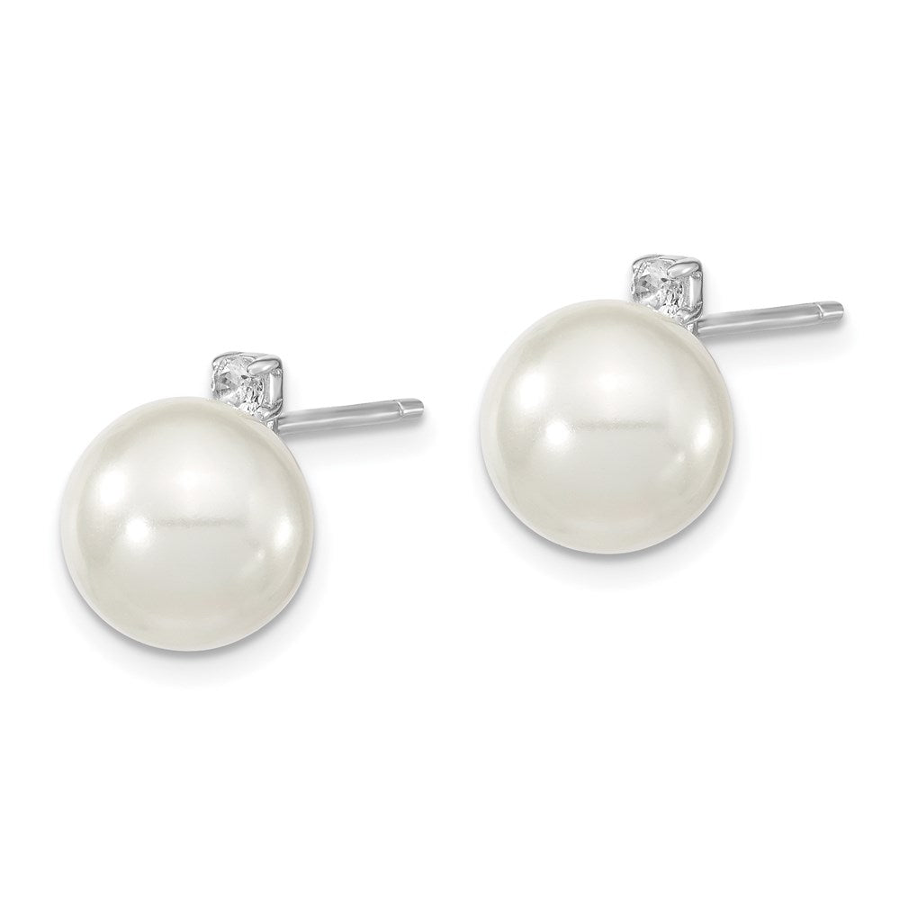 Sterling Silver Majestik Rhodium-Plated 8-9mm White Imitation Shell Pearl And Cz Post Earrings