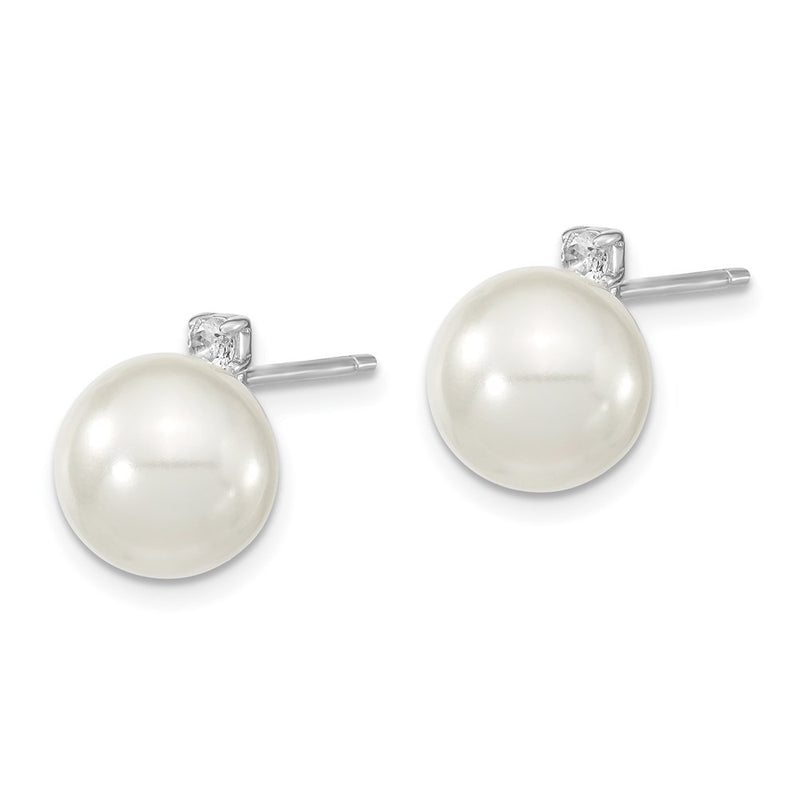 Sterling Silver Majestik Rhodium-Plated 8-9mm White Imitation Shell Pearl And Cz Post Earrings
