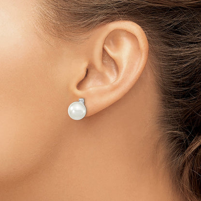 Sterling Silver Majestik Rhodium-Plated 8-9mm White Imitation Shell Pearl And Cz Post Earrings