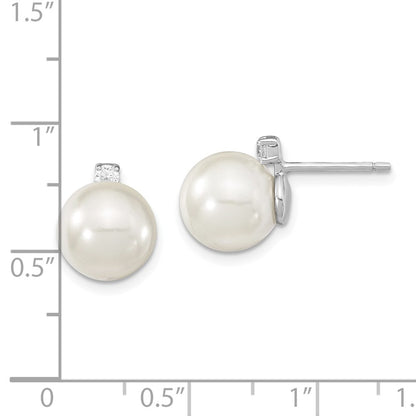 Sterling Silver Majestik Rhodium-Plated 8-9mm White Imitation Shell Pearl And Cz Post Earrings