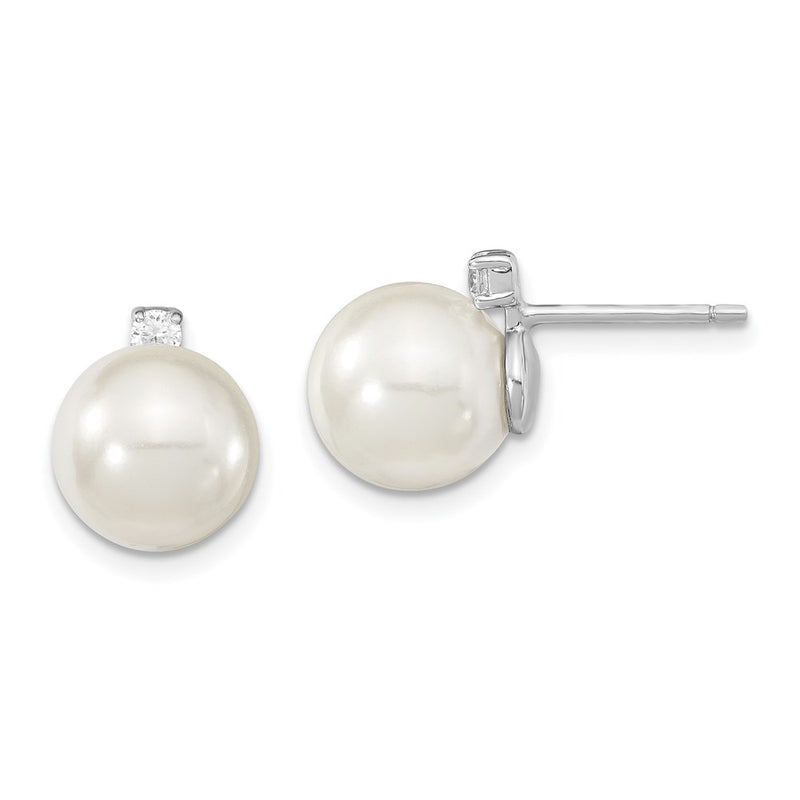 Sterling Silver Majestik Rhodium-Plated 8-9mm White Imitation Shell Pearl And Cz Post Earrings