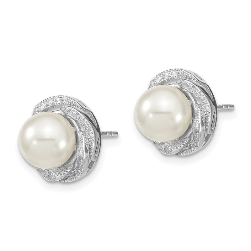 Sterling Silver Majestic Rhodium-Plated 8-9mm White Imitation Shell Pearl Cz Post Earrings