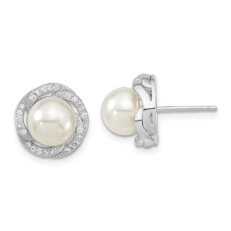 Sterling Silver Majestic Rhodium-Plated 8-9mm White Imitation Shell Pearl Cz Post Earrings