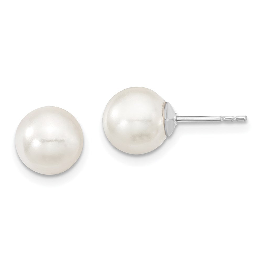 Sterling Silver Majestic Rhodium-Plated 8-9mm White Imitation Shell Pearl Stud Earrings