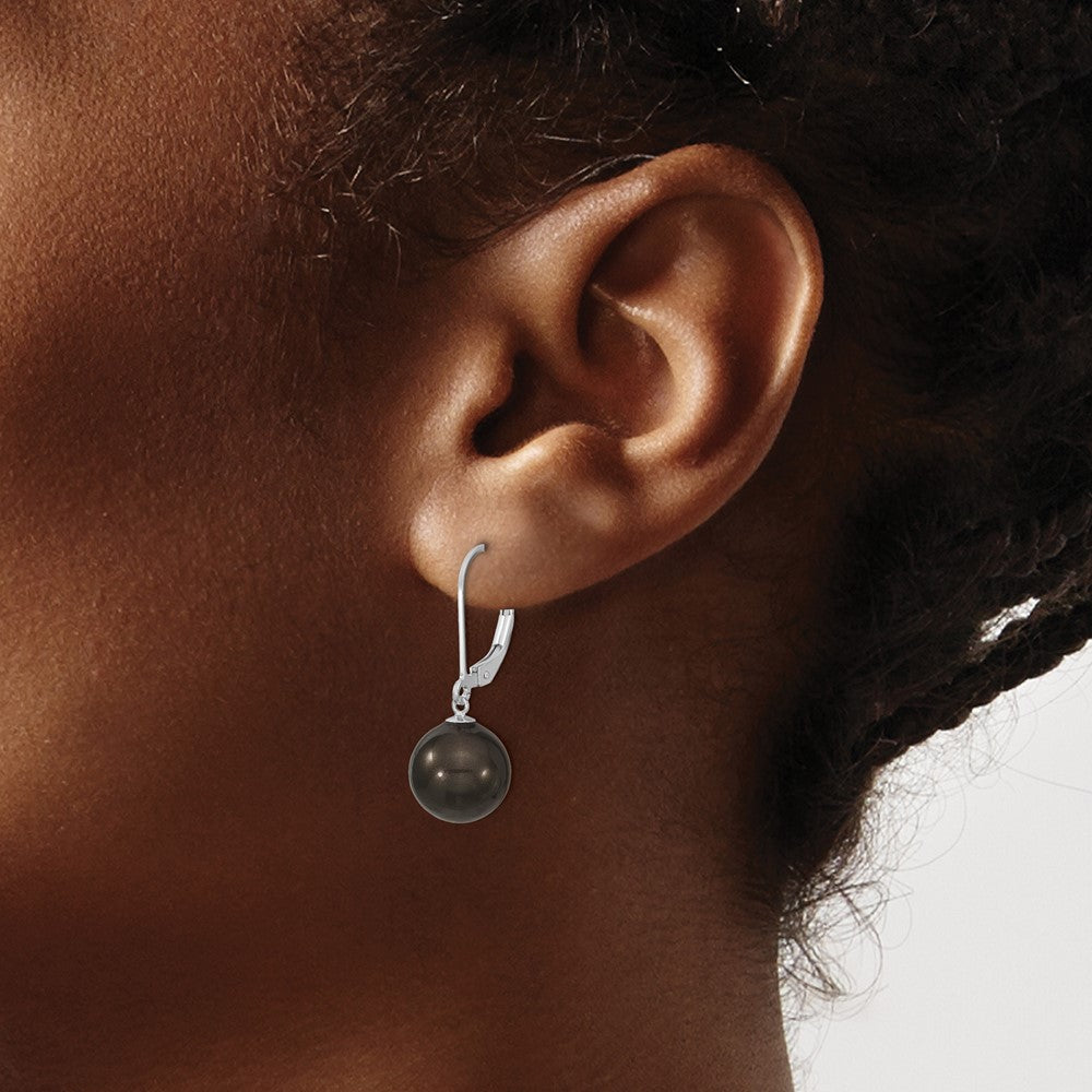 Sterling Silver Majestik Rhodium-Plated 10-11mm Black Imitation Shell Pearl Leverback Dangle Earring