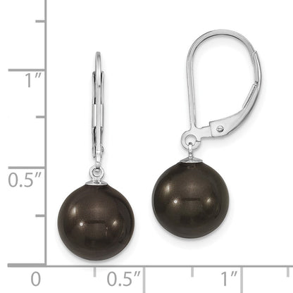 Sterling Silver Majestik Rhodium-Plated 10-11mm Black Imitation Shell Pearl Leverback Dangle Earring