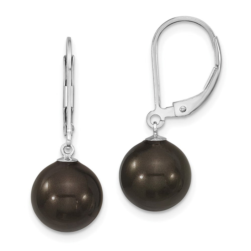 Sterling Silver Majestik Rhodium-Plated 10-11mm Black Imitation Shell Pearl Leverback Dangle Earring