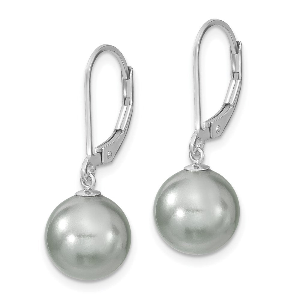 Sterling Silver Majestik Rhodium-Plated 10-11mm Grey Imitation Shell Pearl Leverback Dangle Earring