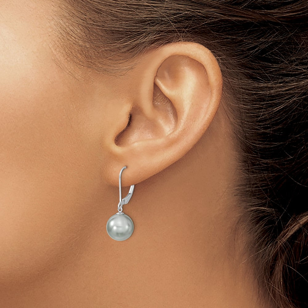 Sterling Silver Majestik Rhodium-Plated 10-11mm Grey Imitation Shell Pearl Leverback Dangle Earring