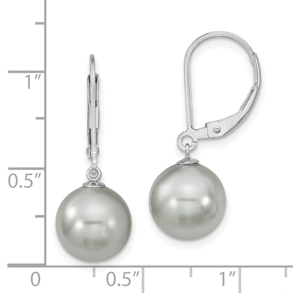 Sterling Silver Majestik Rhodium-Plated 10-11mm Grey Imitation Shell Pearl Leverback Dangle Earring