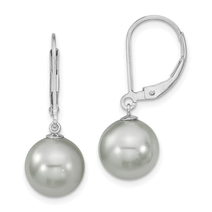 Sterling Silver Majestik Rhodium-Plated 10-11mm Grey Imitation Shell Pearl Leverback Dangle Earring