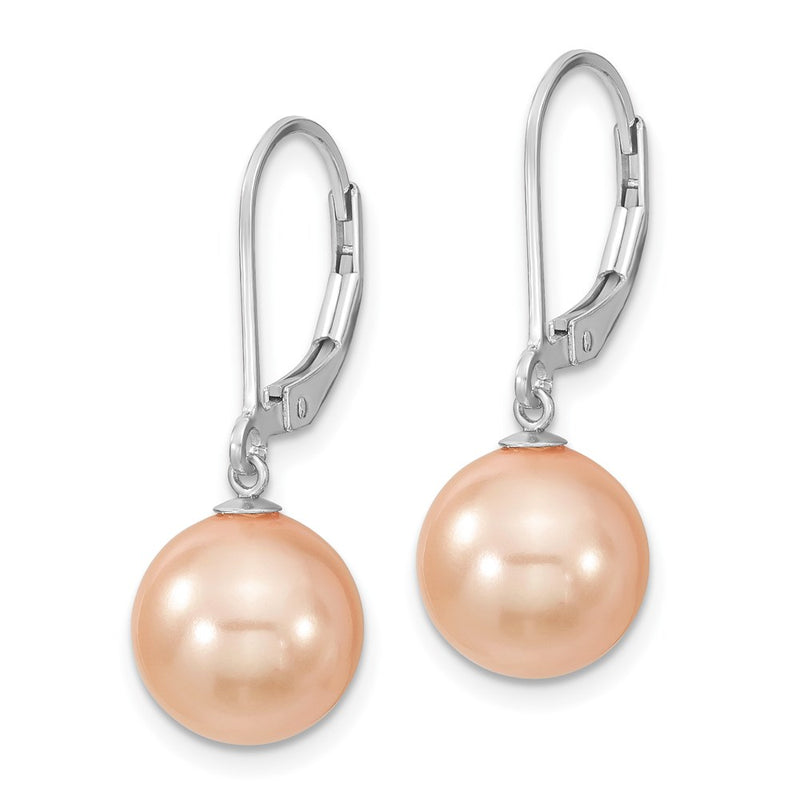 Sterling Silver Majestik Rhodium-Plated 10-11mm Pink Imitation Shell Pearl Leverback Dangle Earring