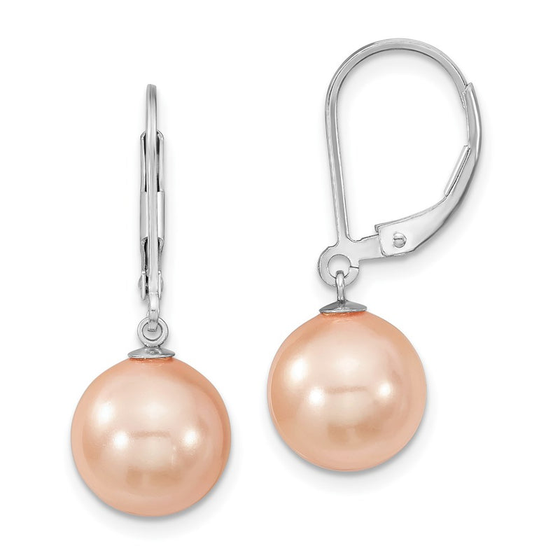 Sterling Silver Majestik Rhodium-Plated 10-11mm Pink Imitation Shell Pearl Leverback Dangle Earring