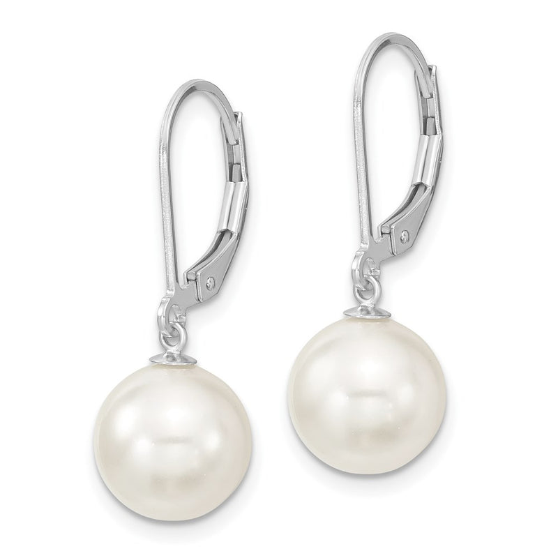 Sterling Silver Majestik Rhodium-Plated 10-11mm White Imitation Shell Pearl Leverback Dangle Earring