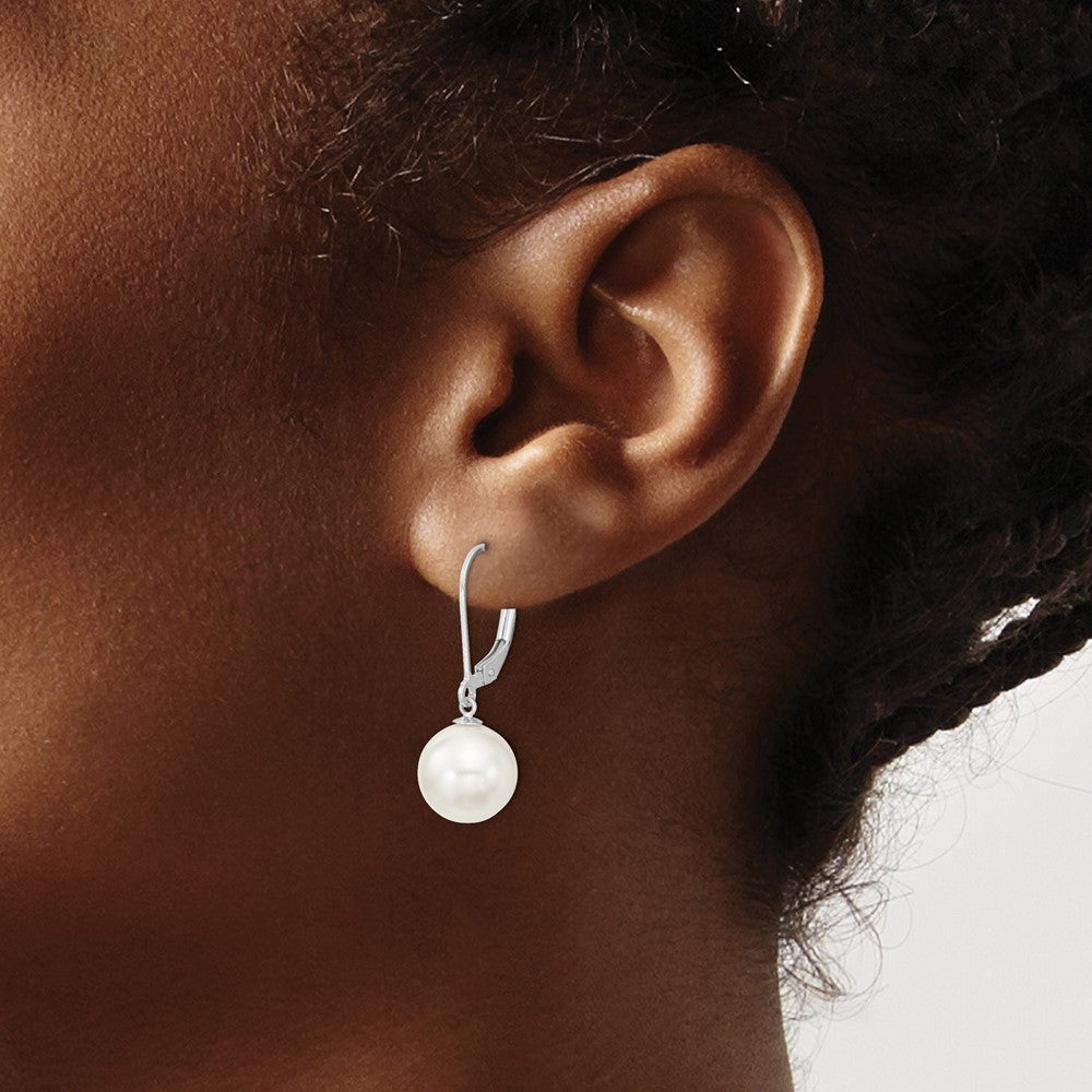 Sterling Silver Majestik Rhodium-Plated 10-11mm White Imitation Shell Pearl Leverback Dangle Earring