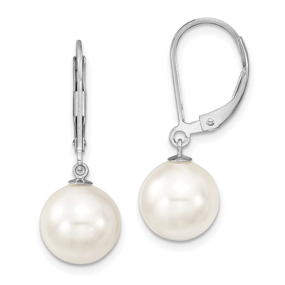 Sterling Silver Majestik Rhodium-Plated 10-11mm White Imitation Shell Pearl Leverback Dangle Earring