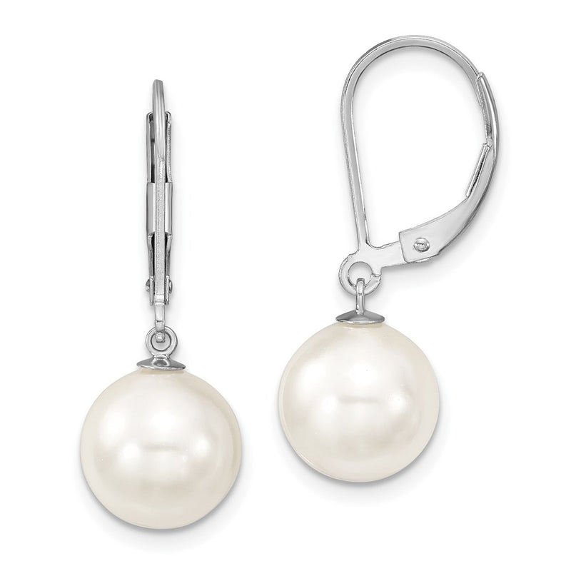Sterling Silver Majestik Rhodium-Plated 10-11mm White Imitation Shell Pearl Leverback Dangle Earring