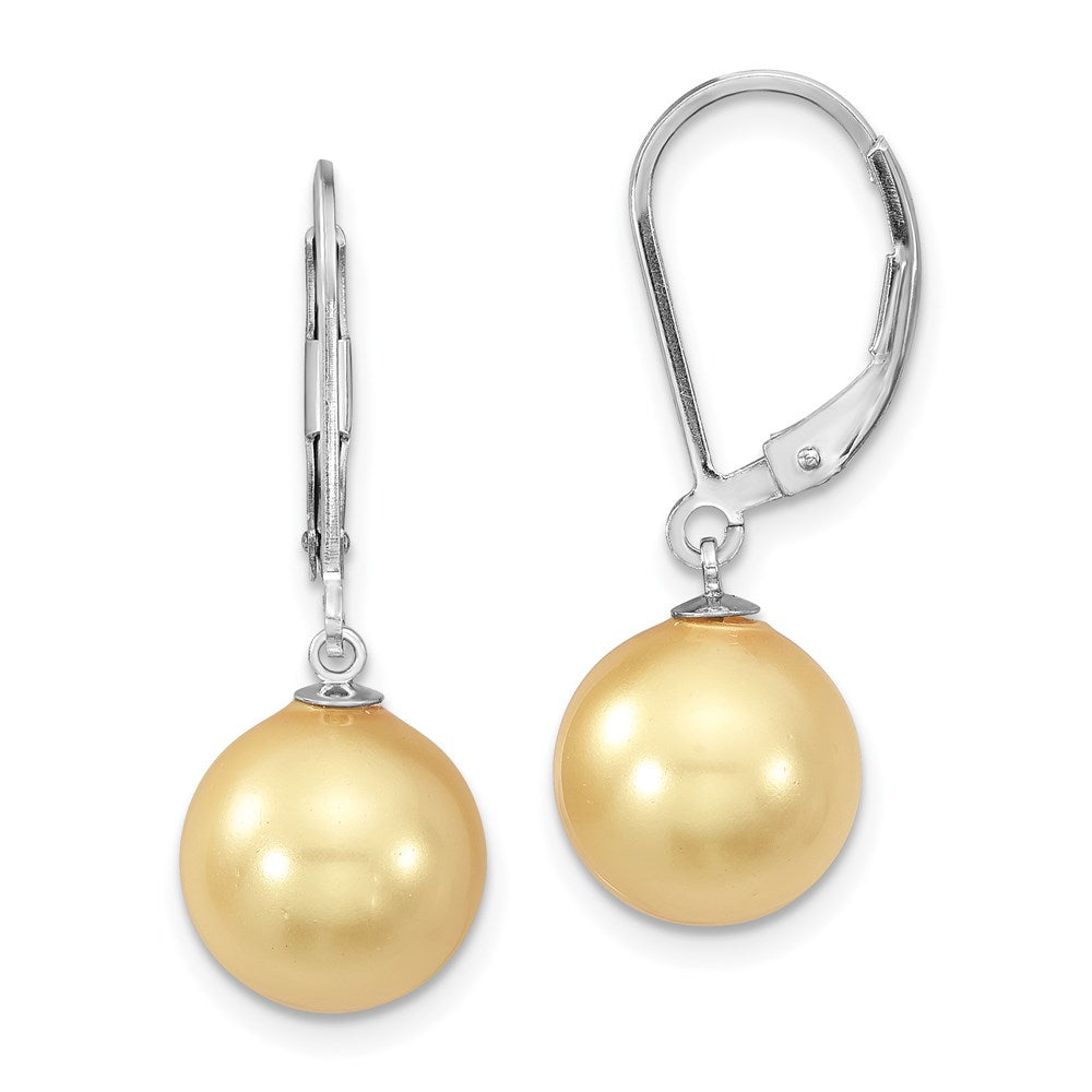 Sterling Silver Majestik Rhodium-Plated 10-11mm Yellow Imitation Shell Pearl Leverback Dangle Earrings