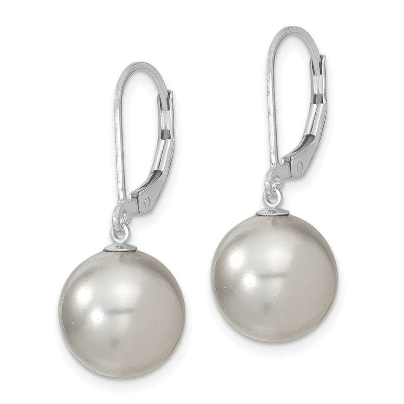 Sterling Silver Majestik Rhodium-Plated 12-13mm Grey Imitation Shell Pearl Leverback Dangle Earring