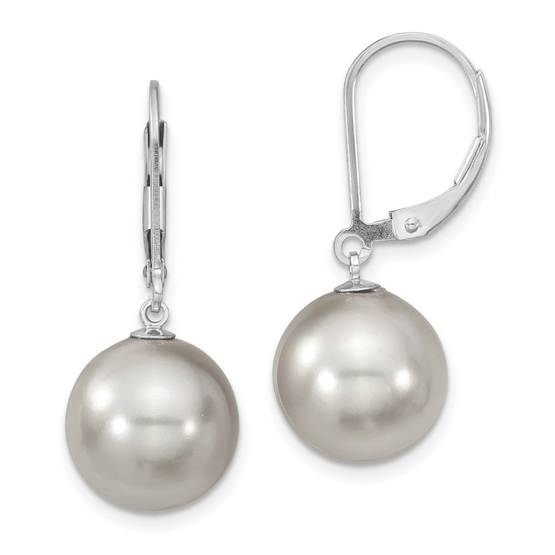 Sterling Silver Majestik Rhodium-Plated 12-13mm Grey Imitation Shell Pearl Leverback Dangle Earring