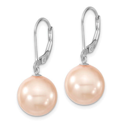 Sterling Silver Majestik Rhodium-Plated 12-13mm Pink Imitation Shell Pearl Leverback Dangle Earring