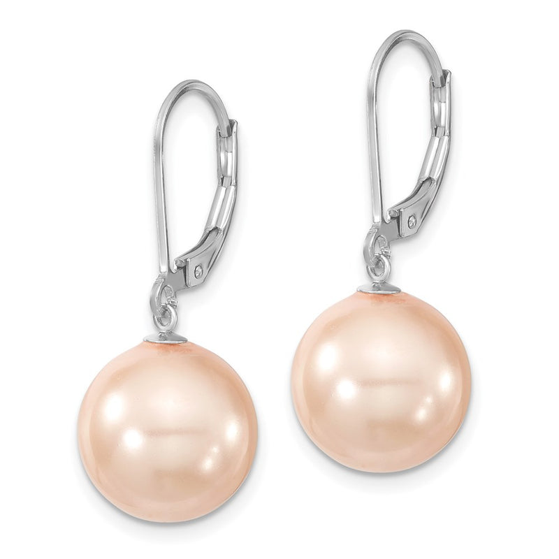 Sterling Silver Majestik Rhodium-Plated 12-13mm Pink Imitation Shell Pearl Leverback Dangle Earring