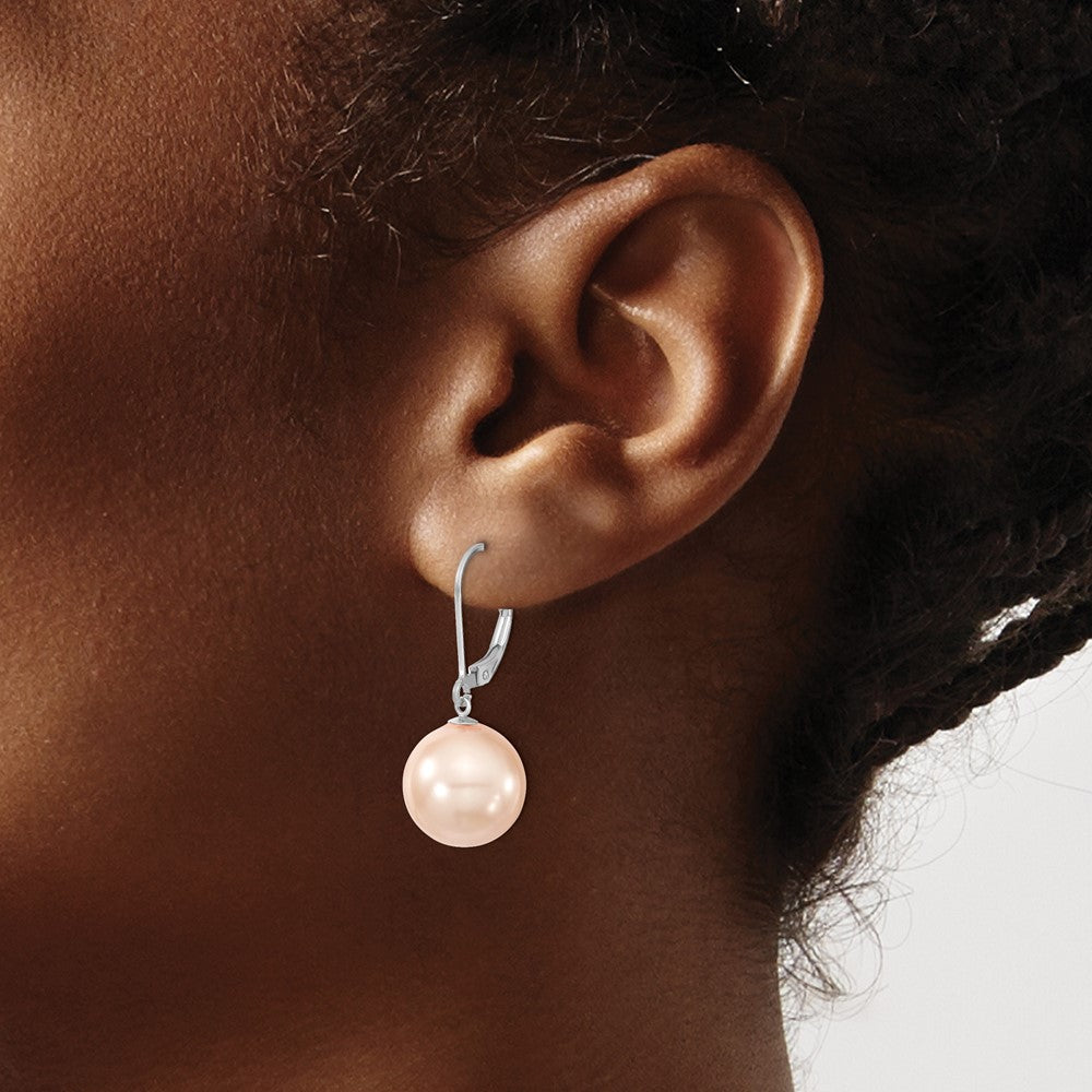 Sterling Silver Majestik Rhodium-Plated 12-13mm Pink Imitation Shell Pearl Leverback Dangle Earring