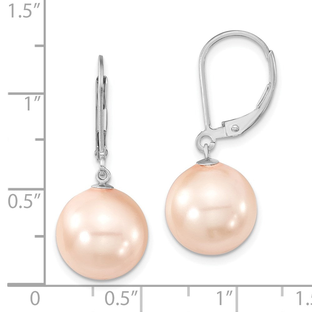 Sterling Silver Majestik Rhodium-Plated 12-13mm Pink Imitation Shell Pearl Leverback Dangle Earring