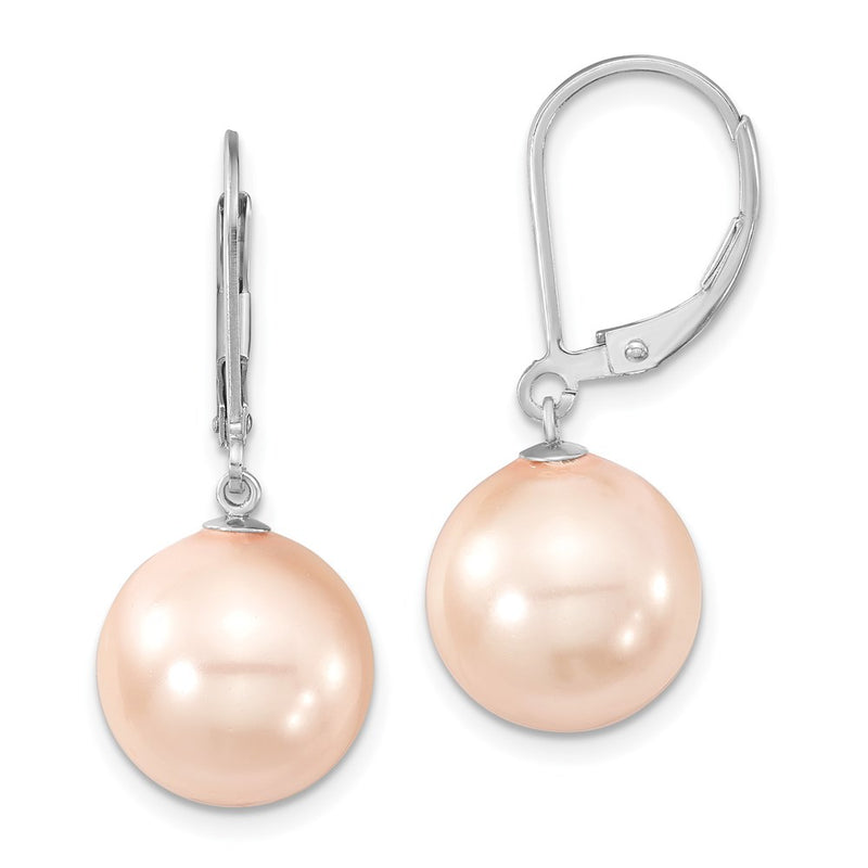 Sterling Silver Majestik Rhodium-Plated 12-13mm Pink Imitation Shell Pearl Leverback Dangle Earring