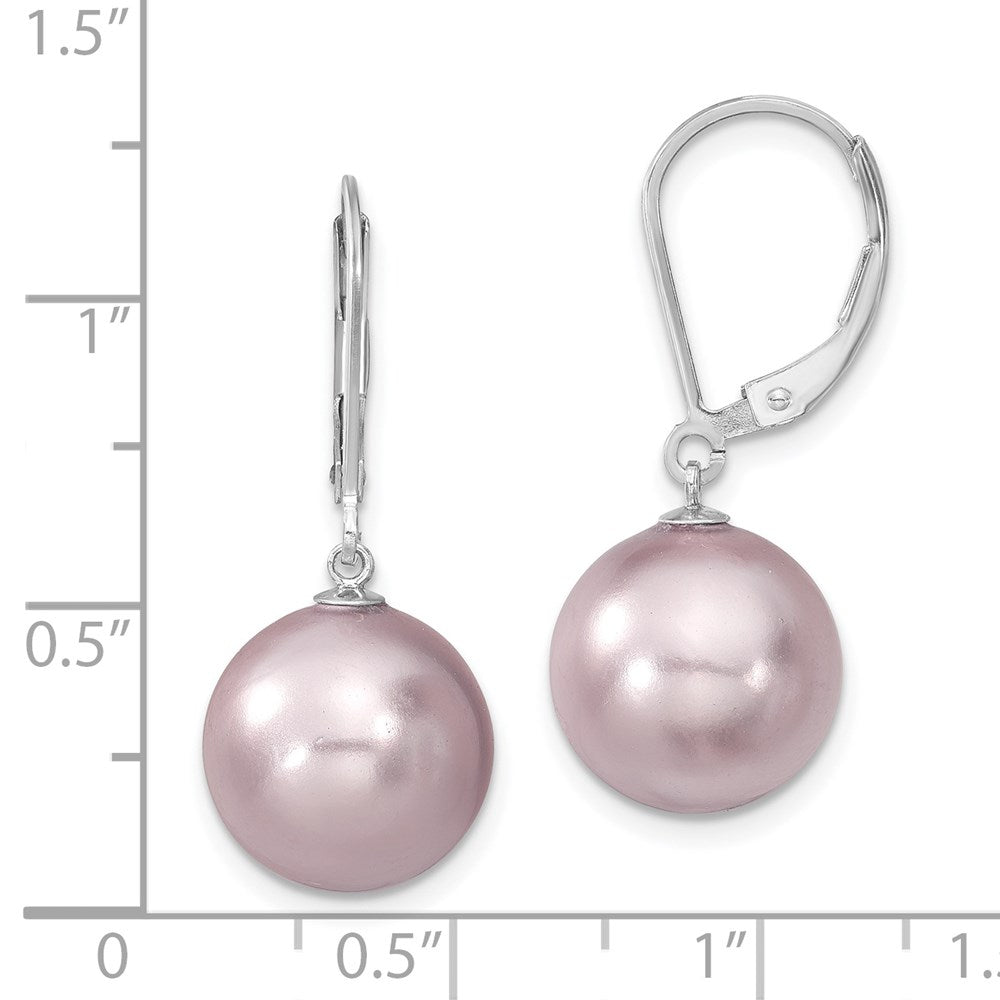 Sterling Silver Majestik Rhodium-Plated 12-13mm Purple Imitation Shell Pearl Leverback Dangle Earrings
