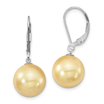 Sterling Silver Majestik Rhodium-Plated 12-13mm Yellow Imitation Shell Pearl Leverback Dangle Earrings