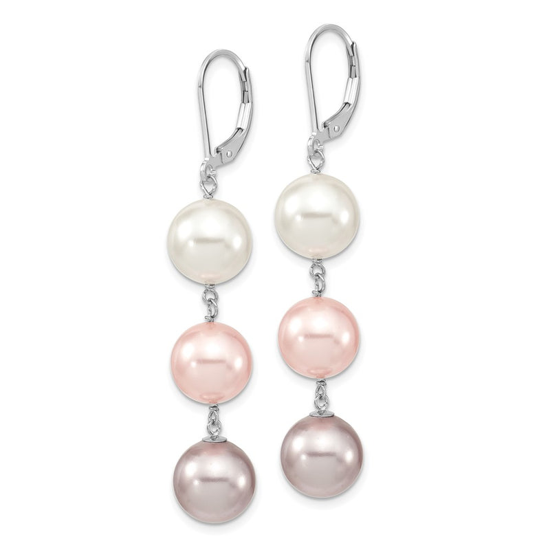 Sterling Silver Majestic Rhodium-Plated 10-11mm White Pink And Purple Imitation Shell Pearl Leverback Dangle Earrings