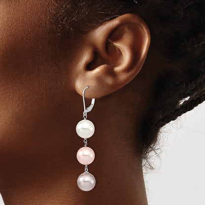 Sterling Silver Majestic Rhodium-Plated 10-11mm White Pink And Purple Imitation Shell Pearl Leverback Dangle Earrings