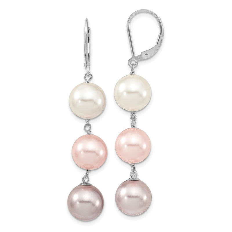 Sterling Silver Majestic Rhodium-Plated 10-11mm White Pink And Purple Imitation Shell Pearl Leverback Dangle Earrings