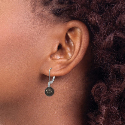 Sterling Silver Majestik Rhodium-Plated 8-9mm Black Imitation Shell Pearl Leverback Dangle Earrings