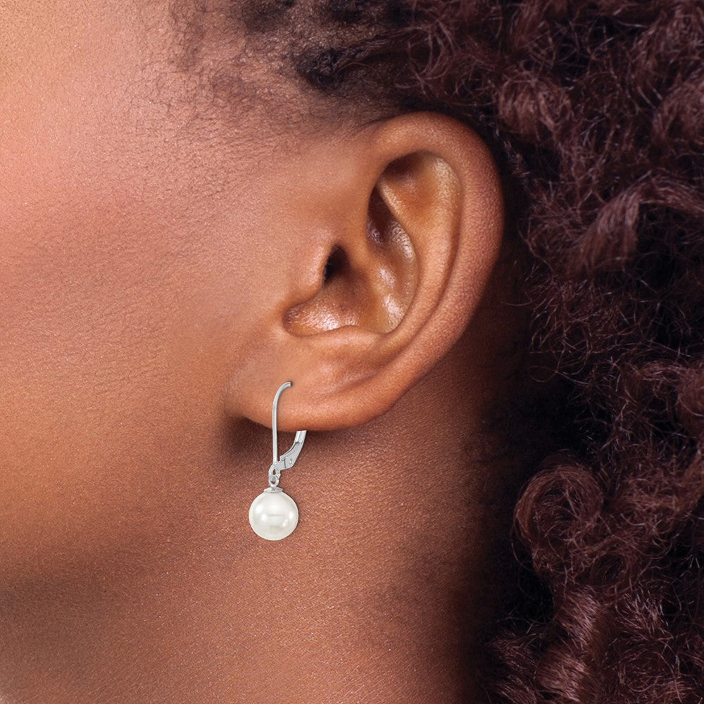 Sterling Silver Majestik Rhodium-Plated 8-9M White Imitation Shell Pearl Leverback Dangle Earrings