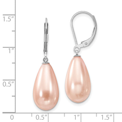 Sterling Silver Majestik Rhodium-Plated 10X18mm Teardrop Pink Imitation Shell Pearl Leverback Dangle Earrings