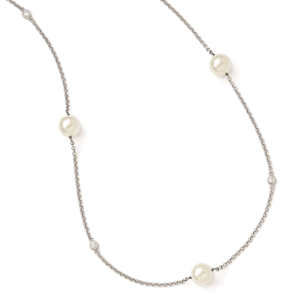 Sterling Silver Majestik Rh-Pl 10-11mm Wht Imitat. Shell Pearl & Cz Necklac