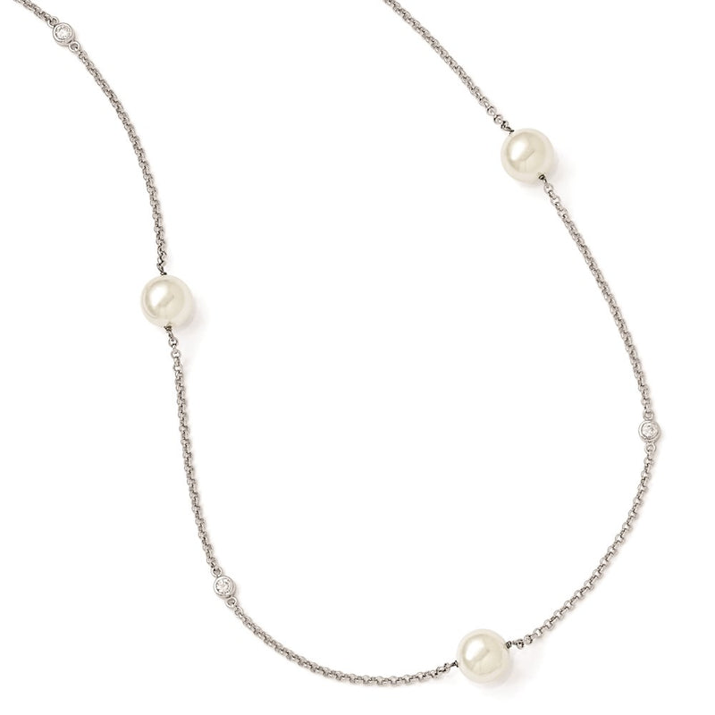 Sterling Silver Majestik Rh-Pl 10-11mm Wht Imitat. Shell Pearl & Cz Necklac