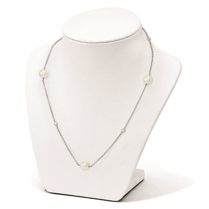Sterling Silver Majestik Rh-Pl 10-11mm Wht Imitat. Shell Pearl & Cz Necklac