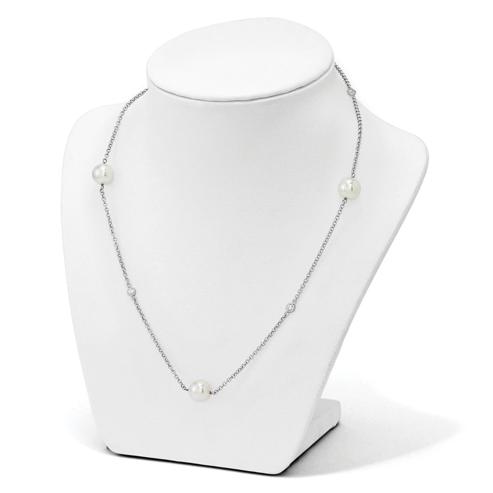 Sterling Silver Majestik Rh-Pl 10-11mm Wht Imitat. Shell Pearl & Cz Necklac