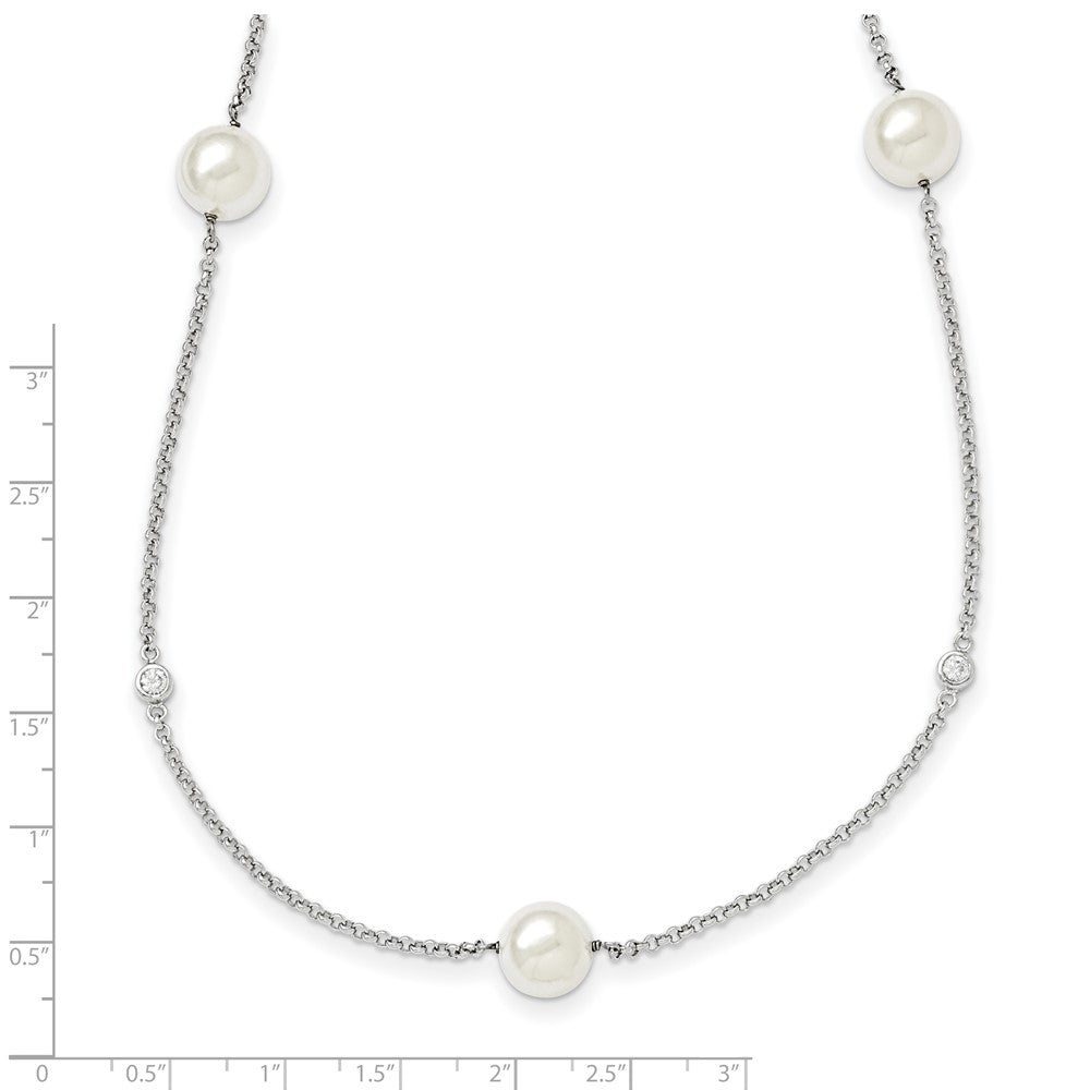 Sterling Silver Majestik Rh-Pl 10-11mm Wht Imitat. Shell Pearl & Cz Necklac