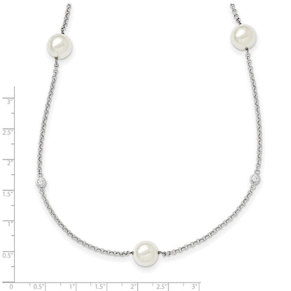Sterling Silver Majestik Rh-Pl 10-11mm Wht Imitat. Shell Pearl & Cz Necklac
