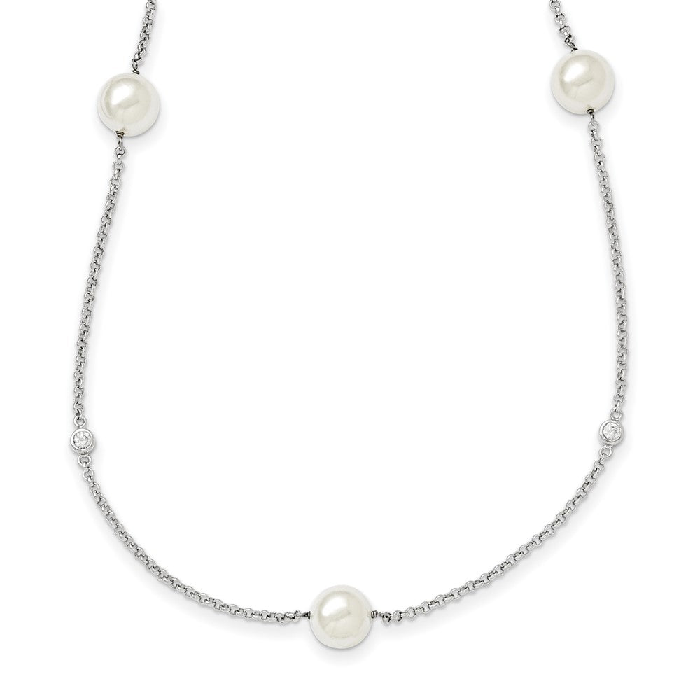 Sterling Silver Majestik Rh-Pl 10-11mm Wht Imitat. Shell Pearl & Cz Necklac